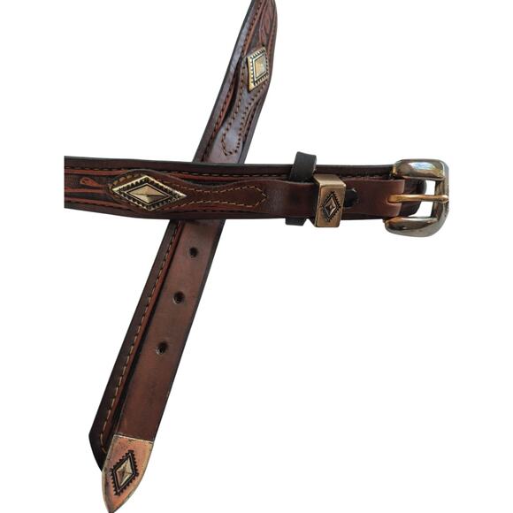 Handcrafted Real McCoy Western Leather Belt Brown Size 42 Tooled Silver USA - Picture 4 of 9